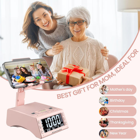 JTEMAN Gifts for Men Women: Cell Phone Stand with Wireless Bluetooth Speaker, Adjustable Cool Tech Gadget, Pink