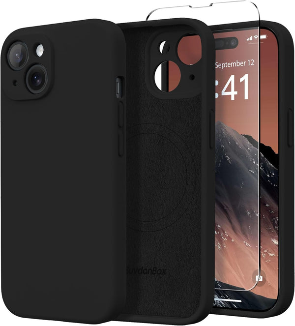 iPhone 14 Case, Black Silicone Shockproof, MagSafe Compatible, Full Camera Protection, Includes 2 Screen Protectors.