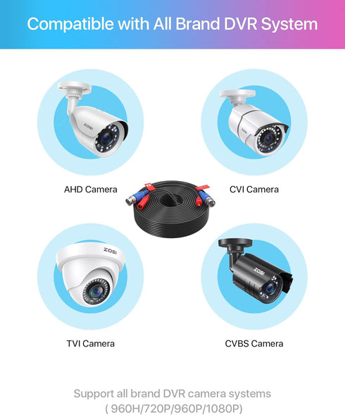 ZOSI 4 Pack 100ft All-in-One Video Power Cables, BNC Extension Security Camera Cable for CCTV with 4 Connectors & Clips