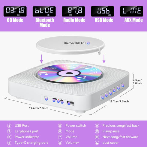 Gueray 1800mAh CD Player Portable with Bluetooth Wall Mountable, CD Music Battery Operated Players for Home