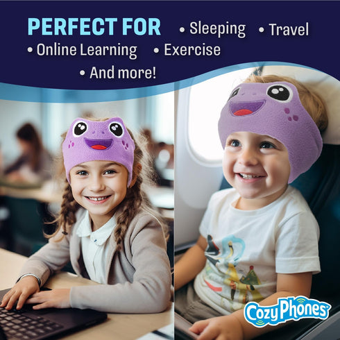 CozyPhones Kids Headphones, Stretchy Headband Earphones for Children 1-3, Comfy Travel Accessories - Purple Frog