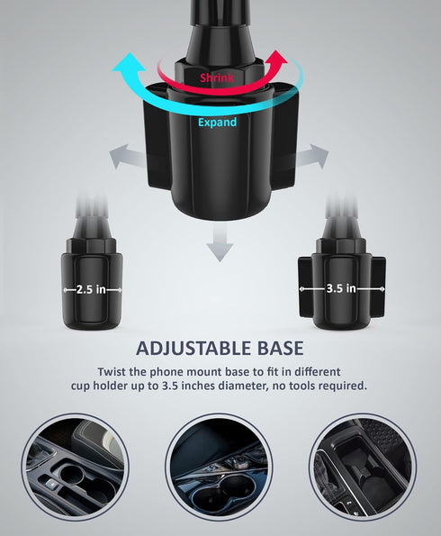 Double Phone Holder for Car Cup Holder – Flexible Neck, 360° Rotatable Cradle Car Phone Mount, Fits 2 iPhone, Samsung,