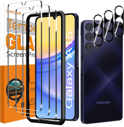 Ultra HD Tempered Glass Screen Protector 3 Pack for Samsung Galaxy A15 5G + 3 Pack Camera Lens Protector, 9H Hardness.