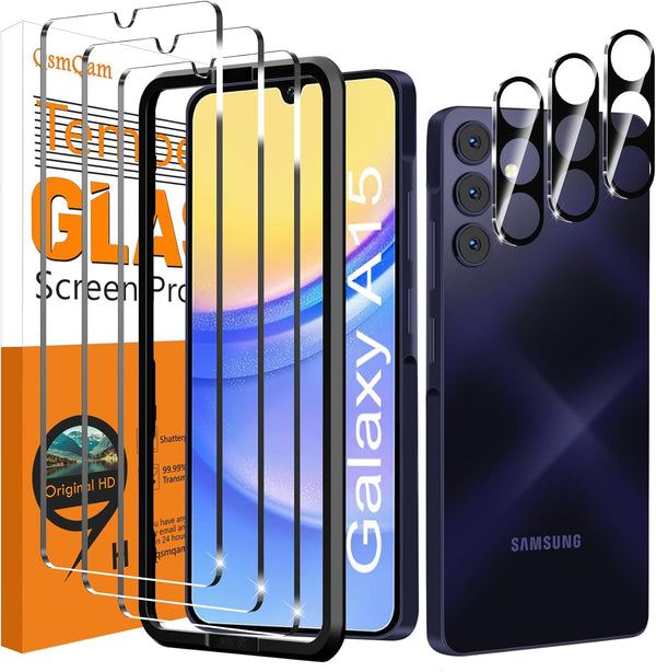Ultra HD Tempered Glass Screen Protector 3 Pack for Samsung Galaxy A15 5G + 3 Pack Camera Lens Protector, 9H Hardness.