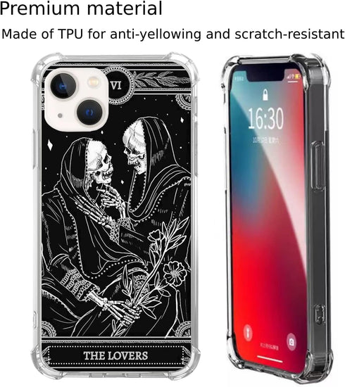 Lovers Tarot Card Skull Black Case for iPhone 15 - Trippy Psychedelic Skeleton Design, Unique TPU Bumper Cover.