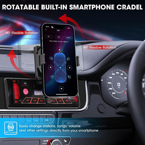 aboutBit 300W Single Din Car Marine Stereo: Bluetooth Car Radio with Smartphone Holder - Push to Talk Assistant AM FM