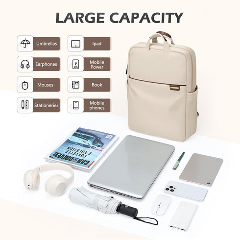 Slim Laptop Backpack for Women - Lightweight Business Computer Bag Purse for Commuting, Fits 16 Inch, Apricot