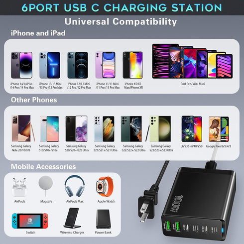 Fast USB C Charging Station, 100W 6-Port Charger Block with 4 USB-C and 2 USB-A Ports for iPhone, iPad, Galaxy