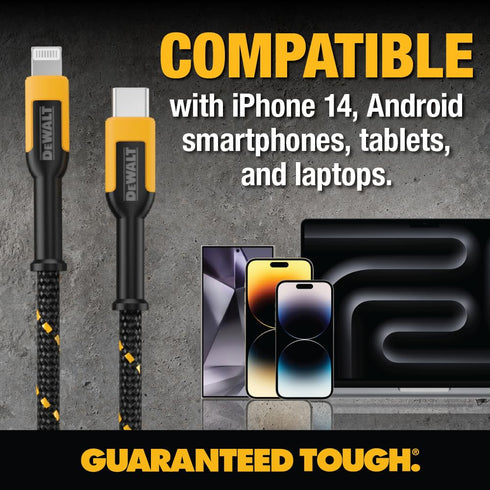 DEWALT Lightning to Type C Cable Reinforced Braided Cable for Type C Fast Charging USB C to Lightning Charging