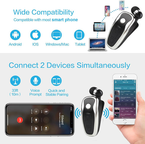 Retractable Wireless Headphone Headset, Lightweight V5.0 Noise Cancelling Mic Clip on Earpiece for Sports, Running,