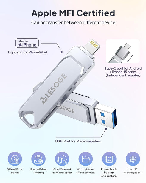MFi Certified 128GB Flash Drive for iPhone Photo Stick USB Memory Stick Thumb Drives, High Speed USB Stick External Storage for iPhone/iPad/Android/PC