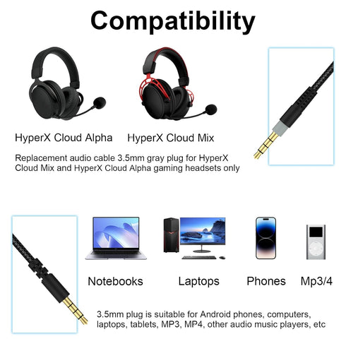 Cloud Alpha Cable with Mute & Volume Controls Compatible with Hyperx Cloud Mix and Cloud Alpha Gaming Headset, for Logitech G933 G633 G935 G635 Gaming Headset, 6.6ft (Black)