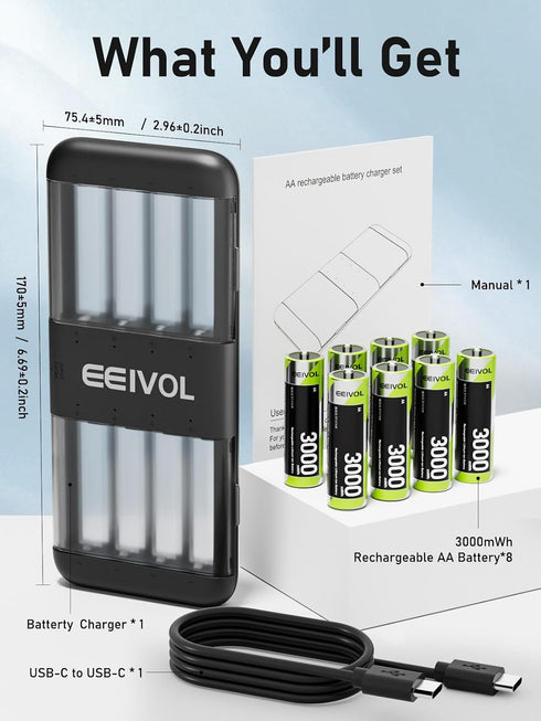 GrnOas.E 8-Pack 3000mWh 1.5V, 350mA Black Charger with Lithium-ion AA Rechargeable Batteries, Independent Slots, Fast