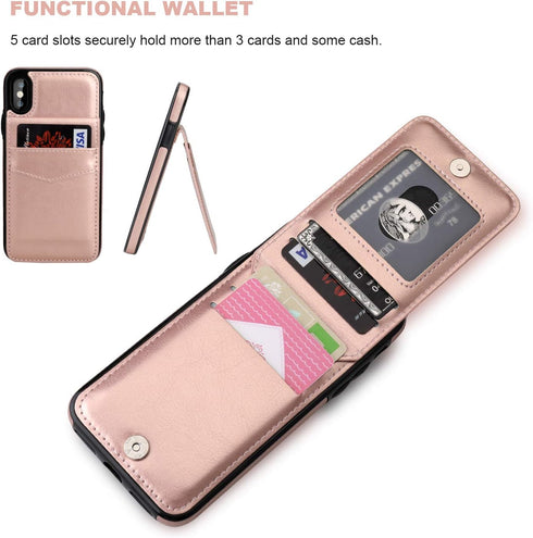KIHUWEY Wallet Case for iPhone X/Xs - Premium Leather with Credit Card Holder, Heavy Duty Protective Cover (Rose Gold)