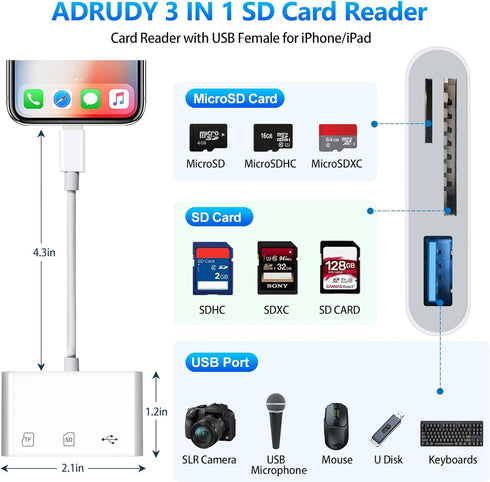ADRUDY 3 3 1 14 13 12 SD Card Reader for iPhone iPad, SD Card Reader with SD/MicroSD/USB-A Slots, in Memory Card Reader