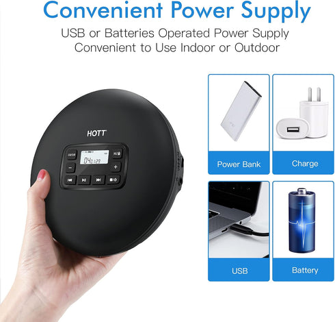HOTT CD204 Portable CD Player - Personal Compact CD Player with Headphones, Anti-Skip/Shockproof for Home Travel, Black