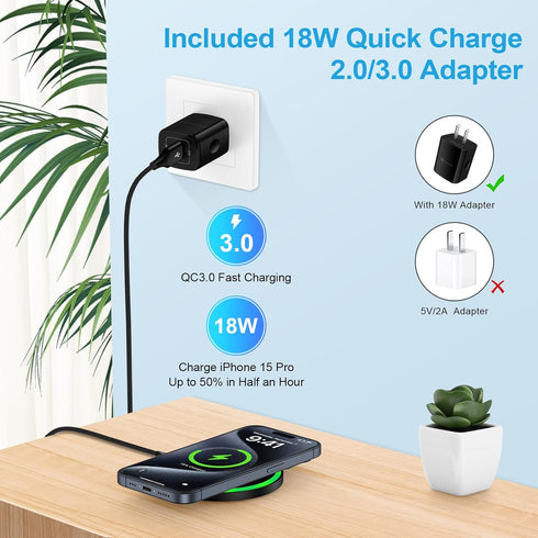 15W Wireless Charger Pad with Adapter for Motorola G Power 2024 Edge 50 Ultra, Samsung Galaxy S24 Ultra, iPhone 15