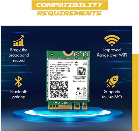AC 9260 802.11ac M.2 Bluetooth 5.1 Network Card - WiFi 5 up to 1.73Gbps, Compatible with Intel, AMD, Linux & Windows