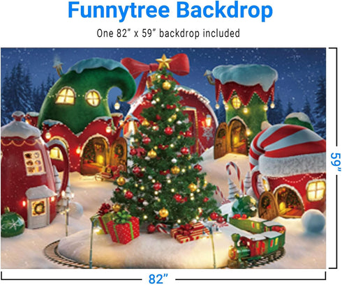 Funnytree 7x5FT Cartoon Christmas Village Photography Backdrop, Winter Snow Pine Tree Background for Kid Party