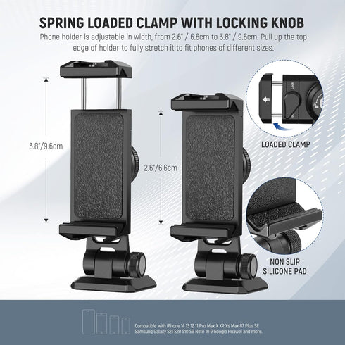 NEEWER Metal Phone Tripod Mount Adapter with Arca QR Base, Cold Shoe, 360° Swivel, Compatible with iPhone 15 Pro