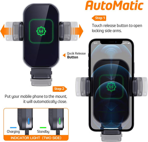 WixGear Wireless Car Charger with Automatic Arms, 15W Qi Fast Charging Phone Holder for iPhone and Samsung