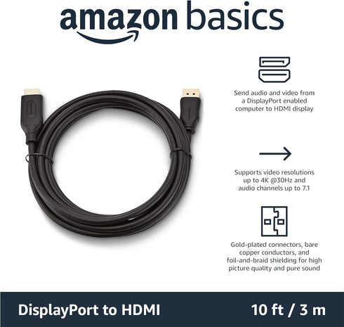 4k@30Hz, 1920x1200, 1080p, 10 Amazon Basics DisplayPort to HDMI Cable, Uni-Directional, Video and Audio, Gold-Plated