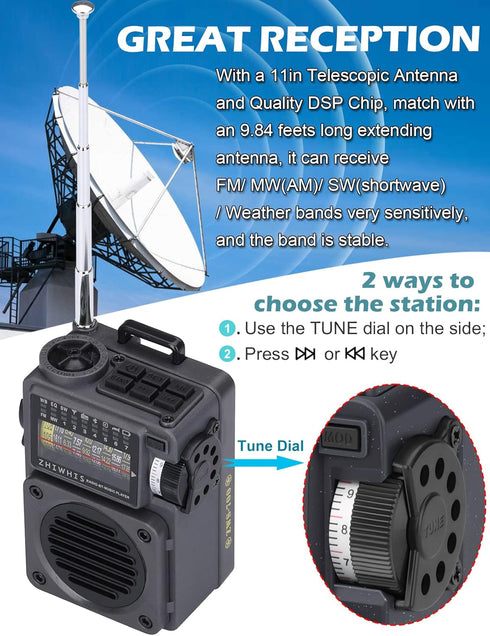 ZHIWHIS Portable Shortwave Radio with Bluetooth, Retro Analog Tuner, Weather AM FM, Rechargeable MP3 Player, Sleep Timer