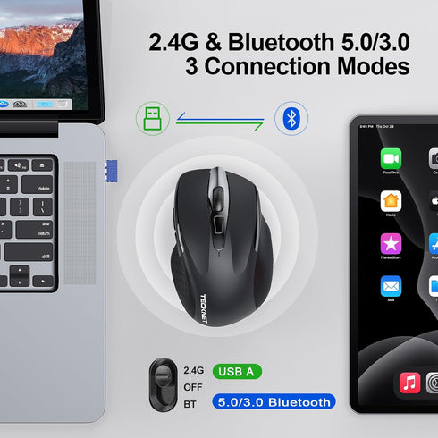 TECKNET Wireless Mouse (BT5.0/3.0 & 2.4G) Rechargeable 4800 DPI Silent Mouse 8 Buttons Bluetooth Mouse, USB A Mouse Wide Compatibility - Black