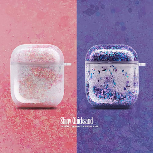 UnnFiko Bling Quicksand Case for AirPods 1/2, Cute Sparkle Liquid Protective Cover with Keychain (Silver Pink)