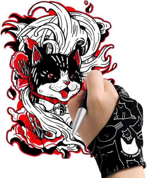 XPPen Digital Drawing Glove - Two-Finger Artist Glove for Drawing Tablet, Cute Cat Print for Right and Left Hand