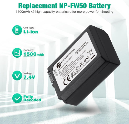 FirstPower NP-FW50 Battery 2-Pack with USB Dual Charger for Sony A6000 A6300 A6400 A6500 A7 A7II A7RII A7SII Cameras