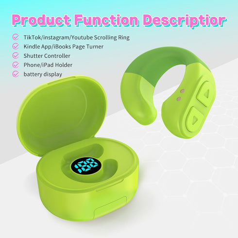 Tiktok Trending Bluetooth Smart Scrolling Ring - Kindle App Remote Page Turner with Cell Phone Stands, Lake Green