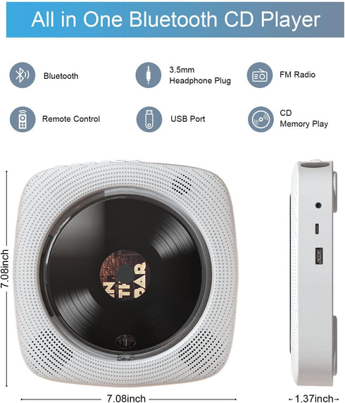 Portable CD Player with Speakers, FM Radio, Remote Control, AUX Port, USB Read, Desktop and Wall Mounted, White