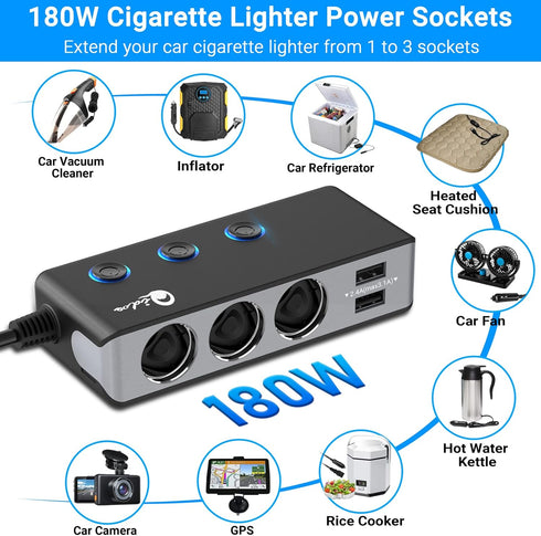 Quick Charge 3.0 Cigarette Lighter Splitter, Qidoe 3 Socket 180W Adapter with 4 USB Fast Charging
