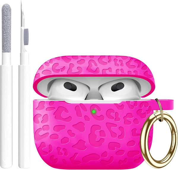 AirPod Case 3rd Generation Cover with Keychain, Leopard Engraved Skin Soft Cover for Full Protection, Hot Pink