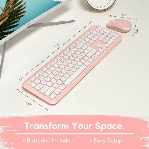 X9 Pink Keyboard and Mouse Combo - 2.4G Wireless Cute Colorful Wireless Set (110 Keys and 18 Shortcuts) for PC and