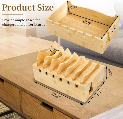 WRINGKIT 6 Bamboo Charging Station for Multiple Devices, Desktop Charging Organizer with Removable Divider Slots