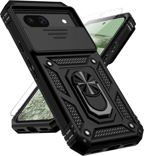 Google Pixel 8A Case with Magnetic Ring Holder, Kickstand, HD Screen Protector, Military Grade 16ft Drop Tested, Black