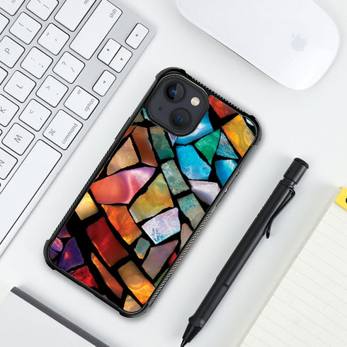 ZHEGAILIAN Stained Glass Mosaic Case for iPhone 15, Tempered Glass Back + Soft Silicone TPU Shock Protective