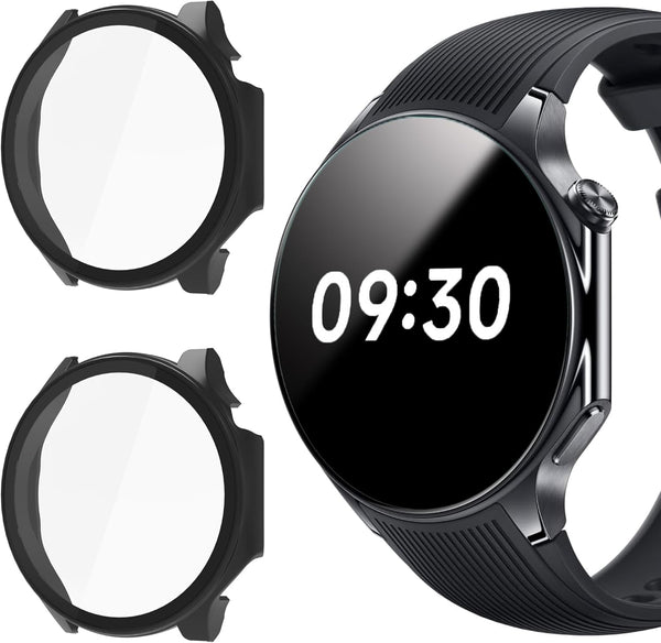 Lamshaw Hard PC Case for OnePlus Watch 2, with Screen Protector (2 Pack-Black+Black)