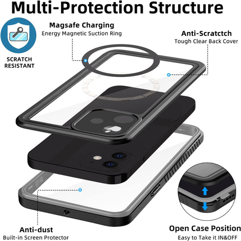 WIFORT Magnetic Waterproof Case for iPhone 12 - Certified Water Proof & Military Protection with Built-in Screen