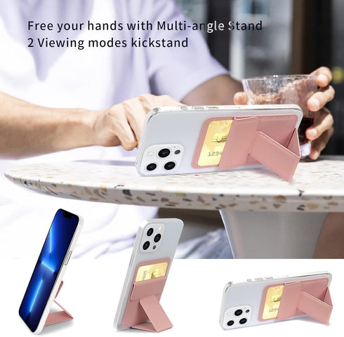 WWW Card Holder with Stand for Phone, PU Leather Credit Card Holder with 3M Adhesive Sticker for Smart Phones, Pink