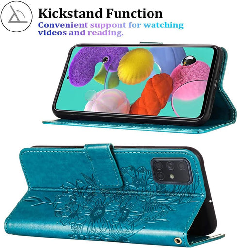 Samsung Galaxy A51 Case Wallet, Butterfly Floral Embossed Leather Flip Cover, Card Holder Slots (Non 5G Version) (Blue)