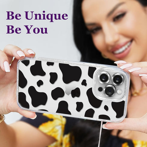 Cute Aesthetic iPhone 14 Pro Case - Glitter Clear Milk Cow Print Cover with Camera Protector & Wrist Strap for Women,