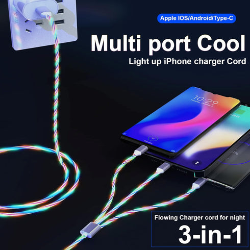 LED Light Up iPhone Flowing Multi Charging Cable, 3-in-1 MFi Certified Lightning Cable with USB-C & Micro USB, 4FT