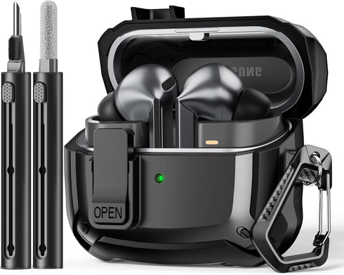 Samsung Galaxy Buds 3 & Buds 3 Pro Case, Full Body Shockproof Hard Shell Protection with Secure Lock Clip & Cleaning Kit