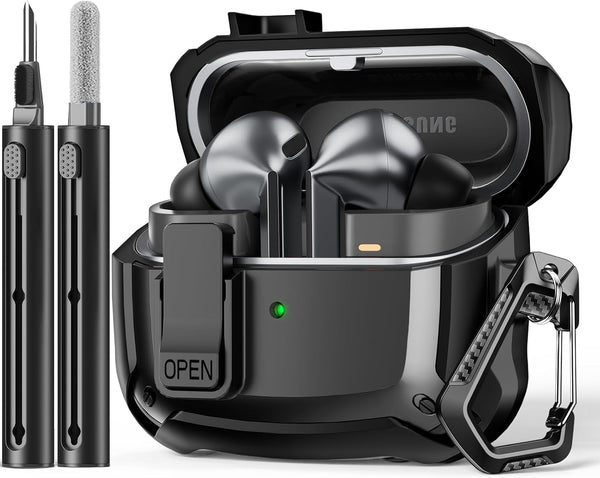 Samsung Galaxy Buds 3 & Buds 3 Pro Case, Full Body Shockproof Hard Shell Protection with Secure Lock Clip & Cleaning Kit