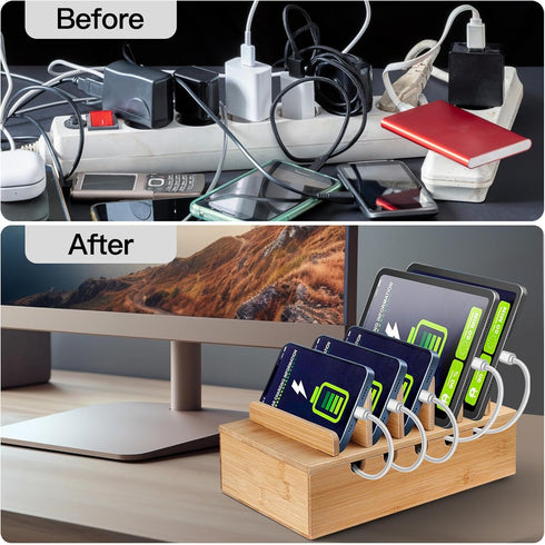 Bamboo Charging Station Organizer for Multiple Devices, Nightstand Bedside Desk Docking Charger for Laptops, Tablets,