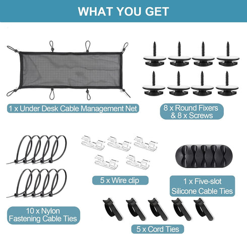 Under Desk Cable Management Net, 36PCS Flexible Wire Hiders, Extra Large Capacity Organizer for Most Tables