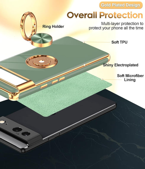 LeYi for Google Pixel 6 Phone Case: 360° Rotatable Ring Holder Magnetic Kickstand, Plating Rose Gold Edge Protective Google Pixel 6 Case, L-Green